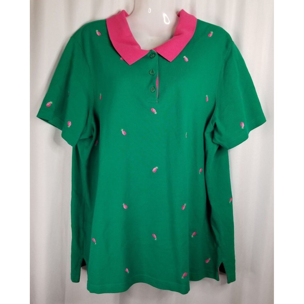 Quacker Factory Women's Polo Shirt Green Embroidered Pink Pineapple Size 1X